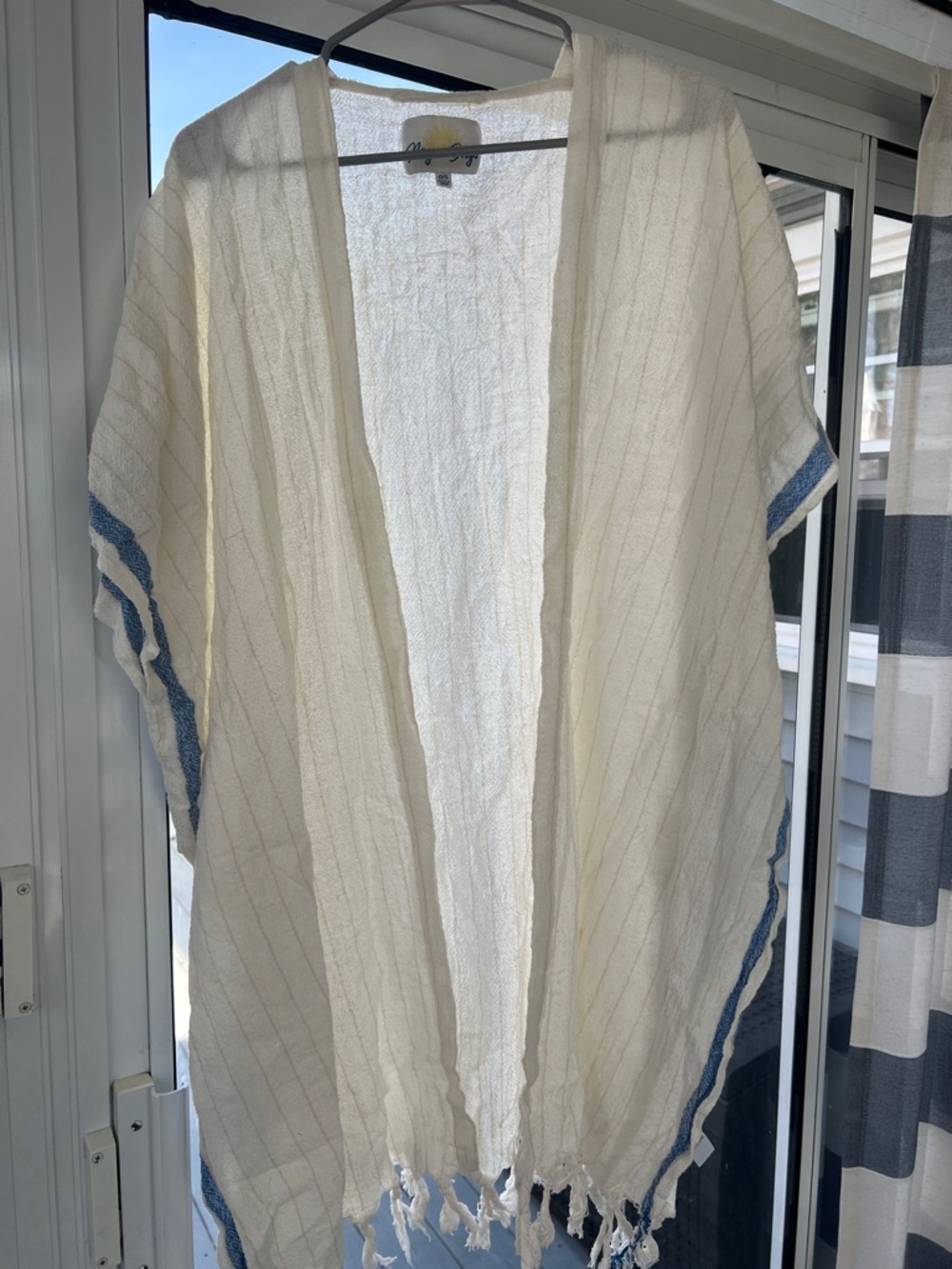 Rays for Days Lightweight Ivory Fringe Kimono with Blue Trim - Picture 2 of 5